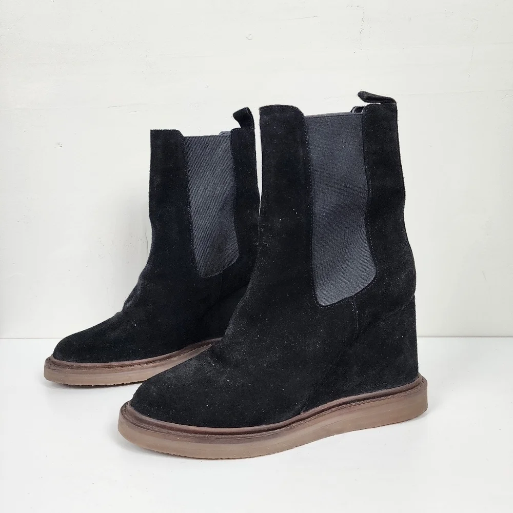 Vintage Foundry Co Black Suede Elizabeth Wedge Ankle Boots, Size 7.5 New Nwob